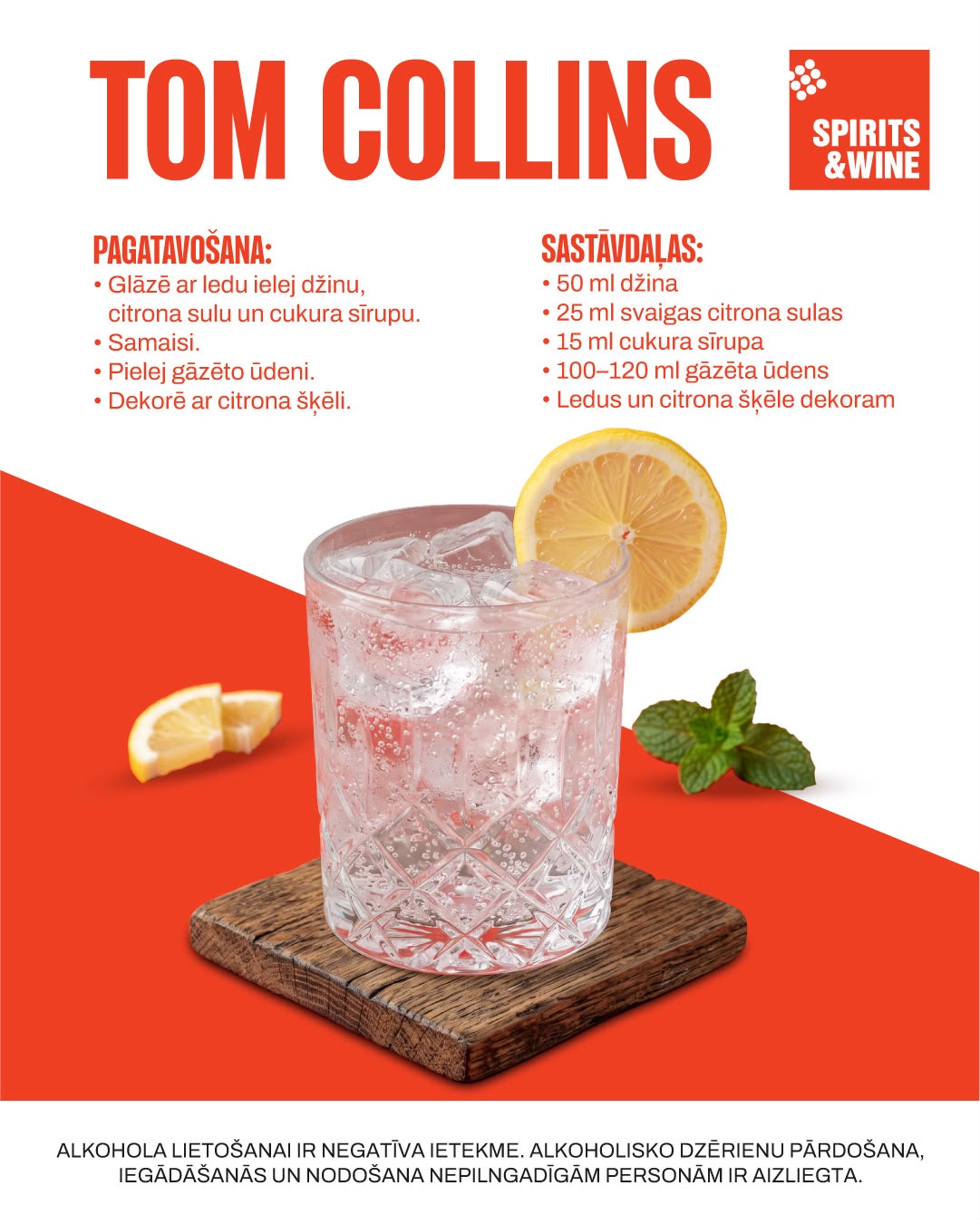 Tom Collins kokteiļa recepte ar džinu, citronu un gāzētu ūdeni