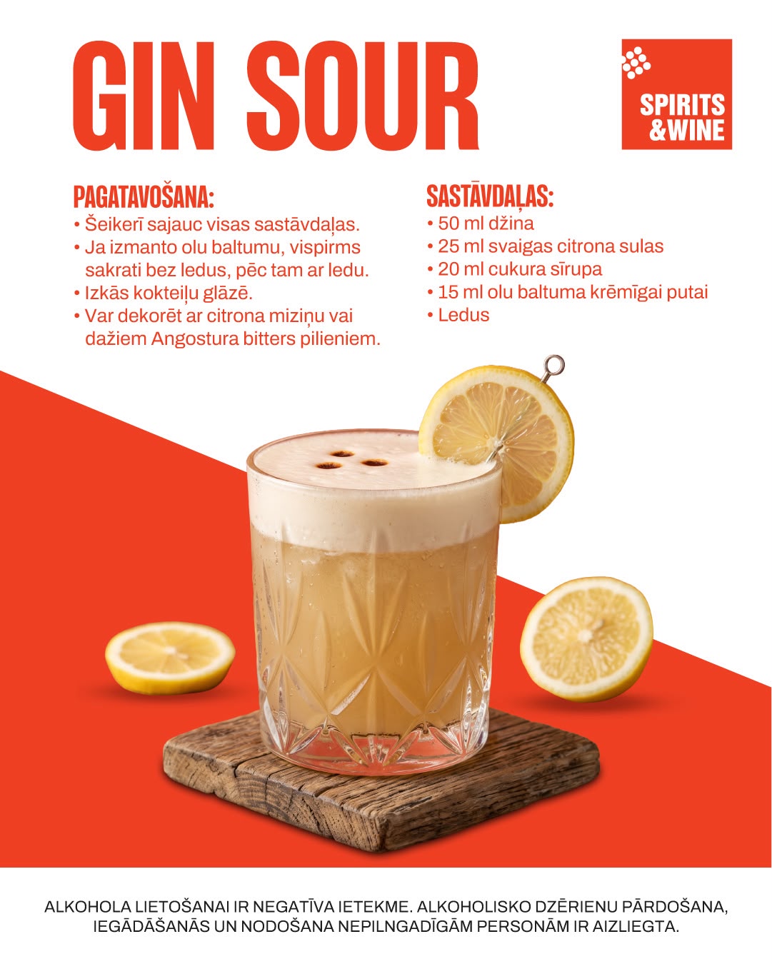 Gin Sour kokteiļa recepte ar džinu, citrona sulu un olu baltumu