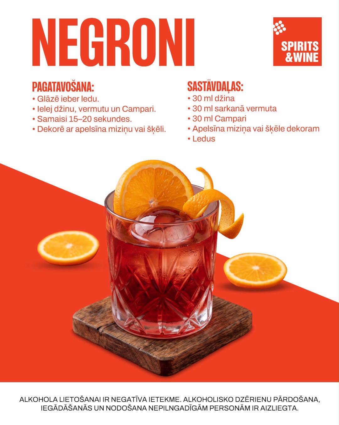 Negroni kokteiļa recepte ar džinu, sarkano vermutu un Campari